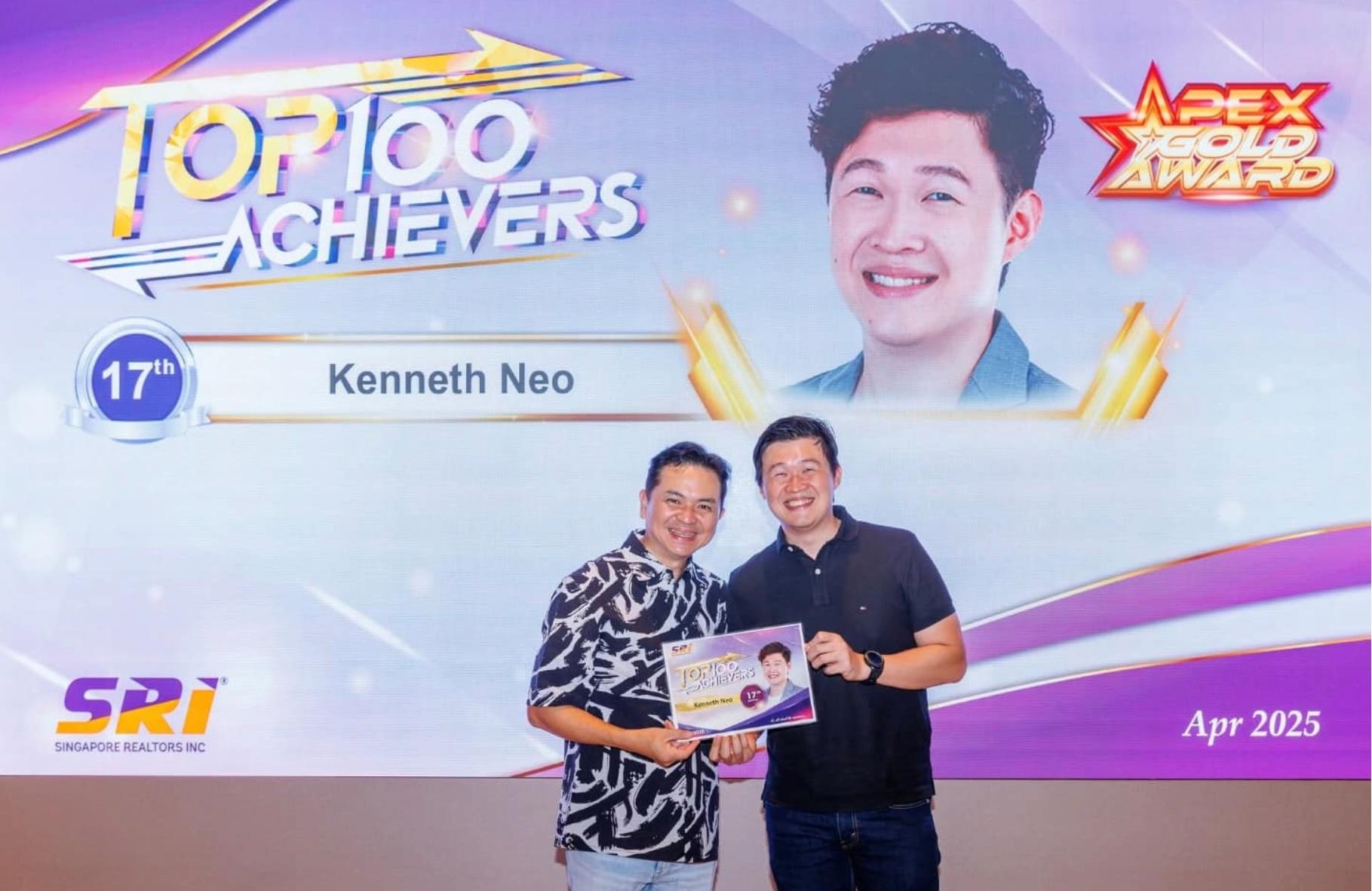 Kenneth Neo on stage receiving SRI Top 100 Achievers 17th Position plaque, April 2025