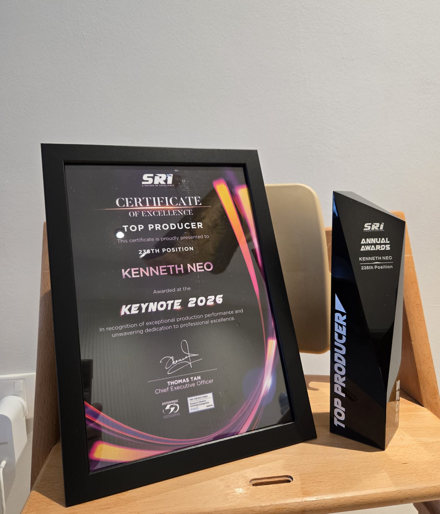 SRI Top Producer Certificate of Excellence — Kenneth Neo, 238th Position, Keynote 2026, with engraved annual-awards trophy