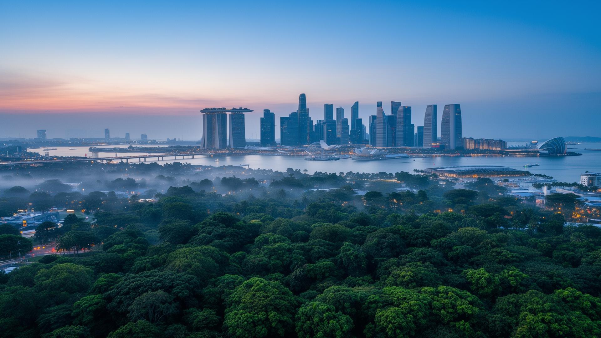 The Greater Southern Waterfront precinct seen at dusk, with lush green foreground giving way to the city skyline.