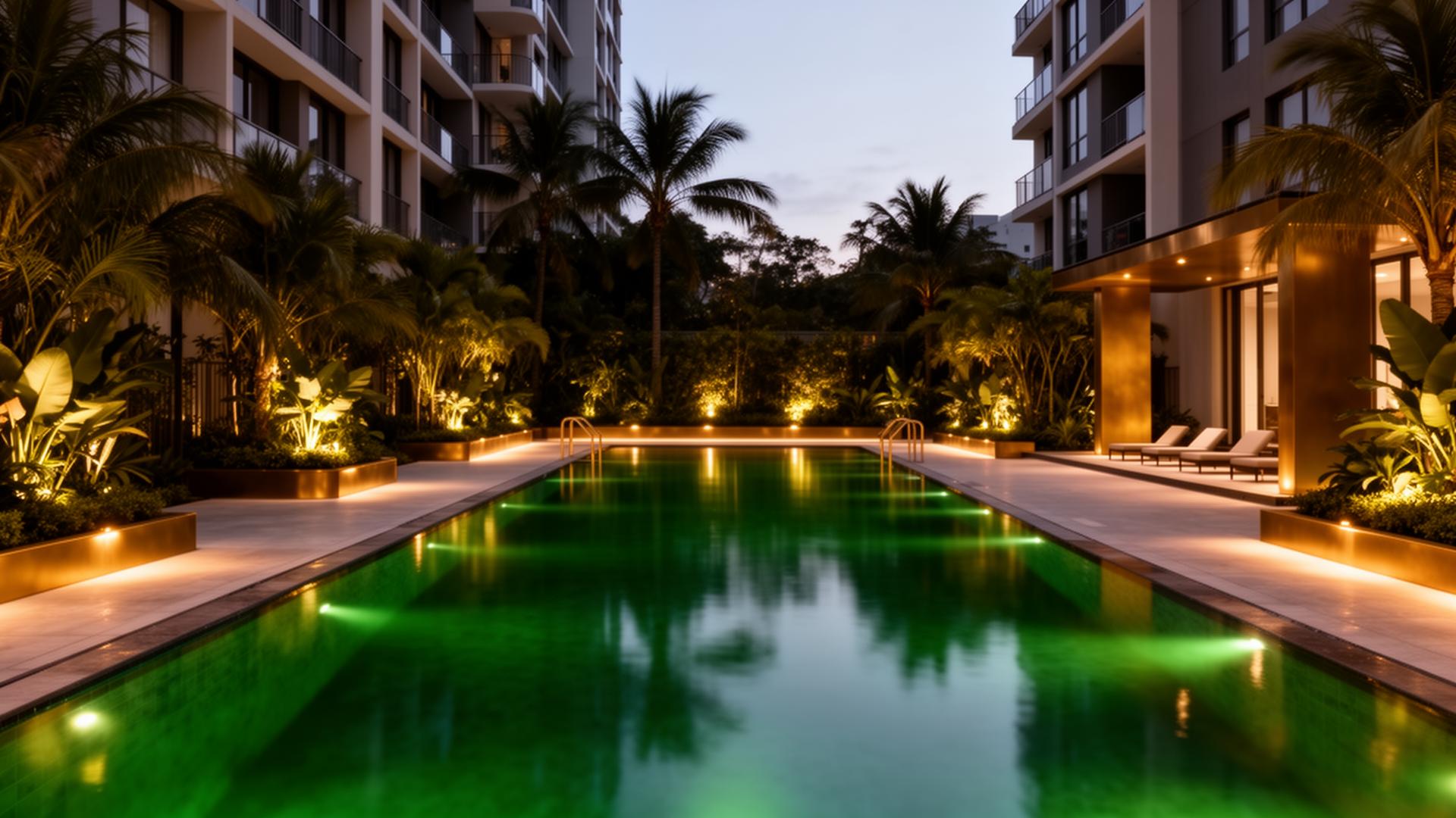 Editorial dusk photograph of Terra Hill’s 50m lap pool framed by tropical landscaping and warm brass lighting.