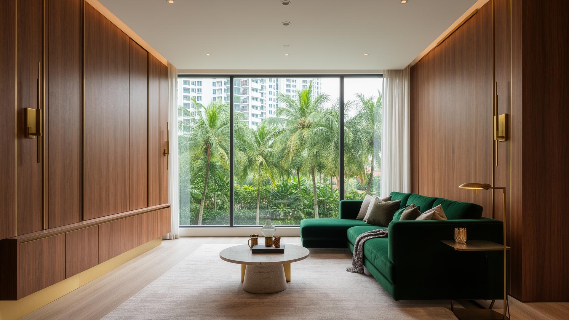 Editorial interior of a Terra Hill residence with floor-to-ceiling windows, walnut joinery and brass detailing