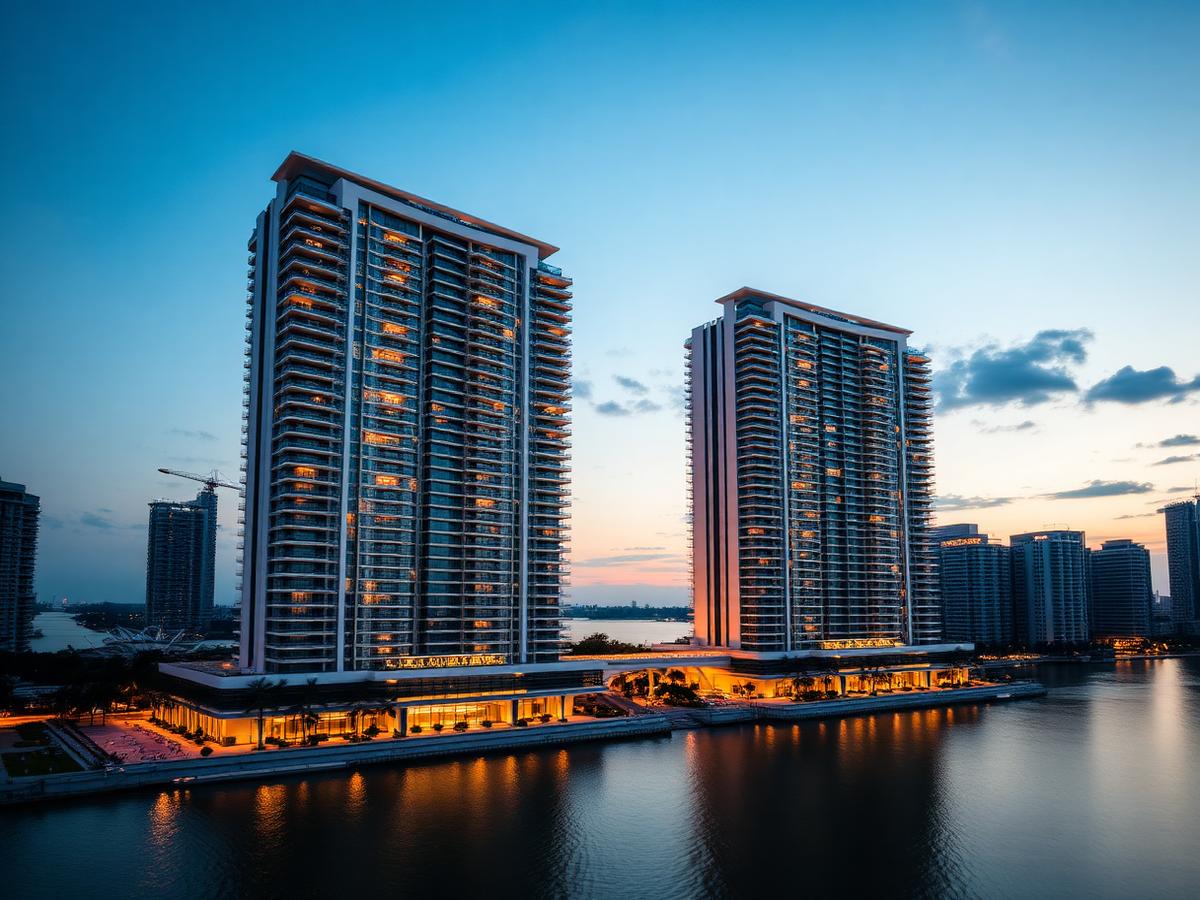 VelaBay twin seafront towers at dusk in the Bayshore precinct